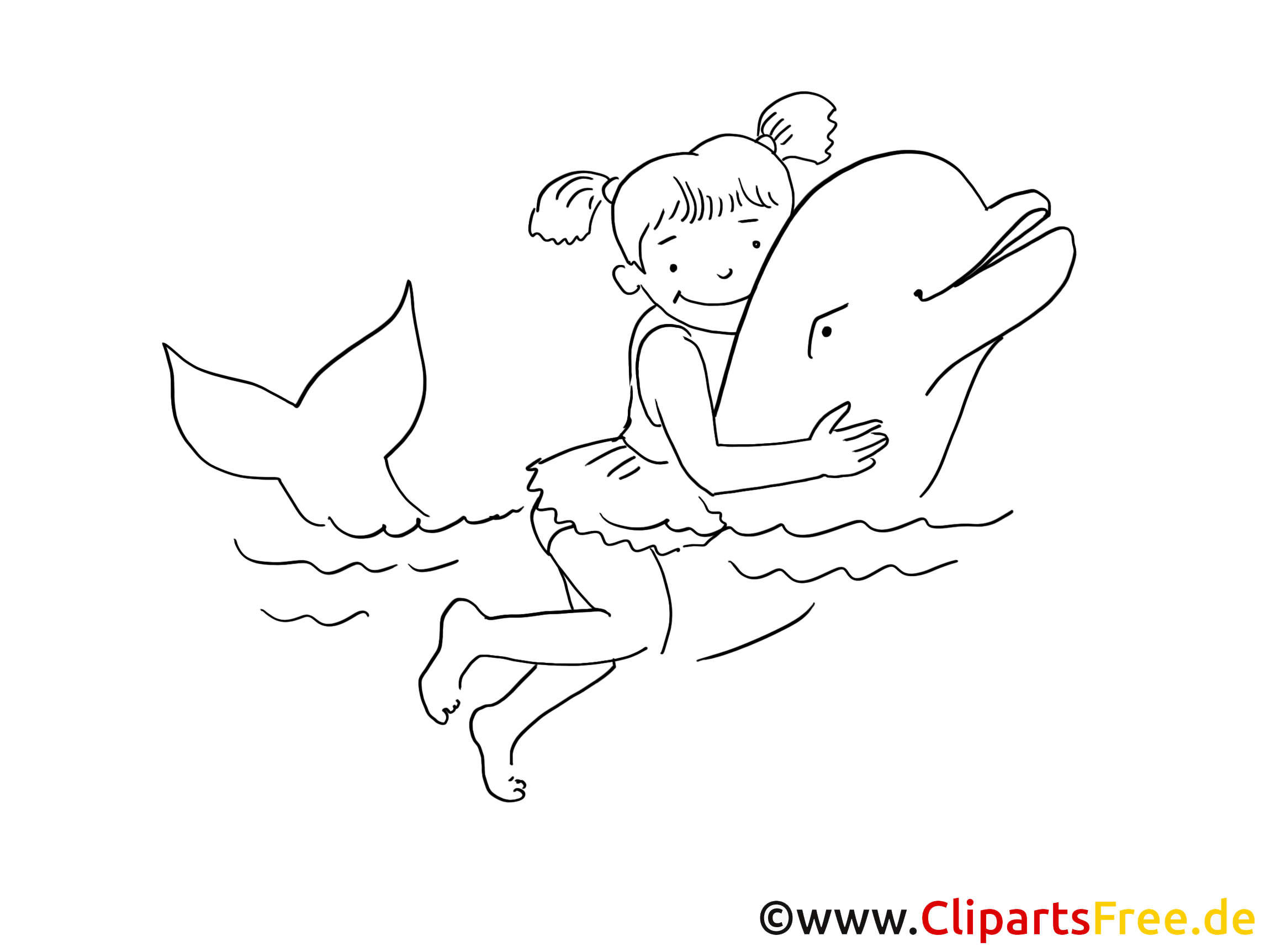 Mädchen und Delfin Zeichnung, Clipart, Bild schwarz-weiss, Grafik