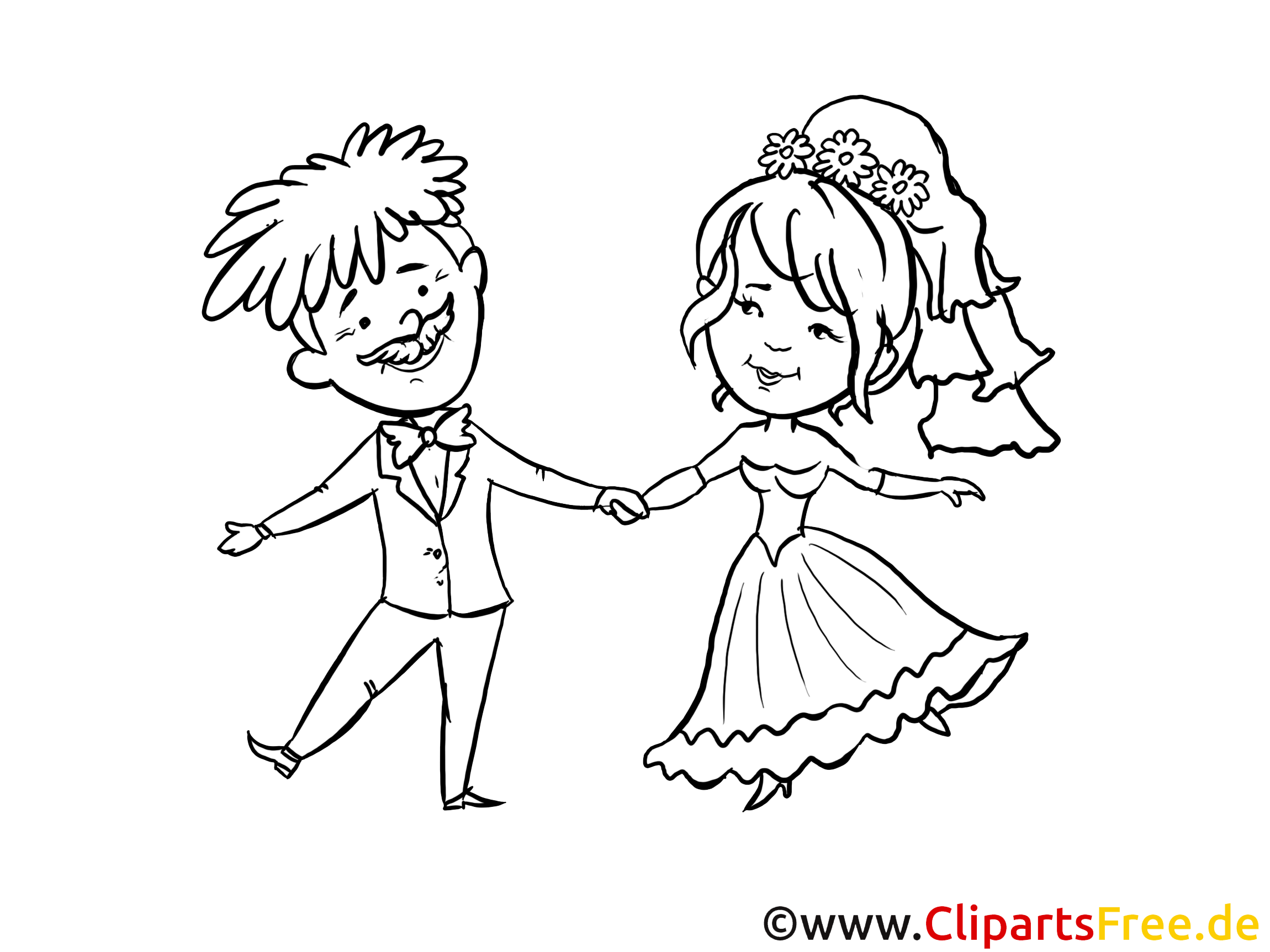 Zeichnung zum Ausmalen Hochzeit, Brautpaar, glückliche Verliebte
