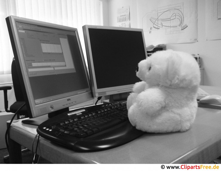 Teddybär arbeitet am Bildschirm Foto kostenlos