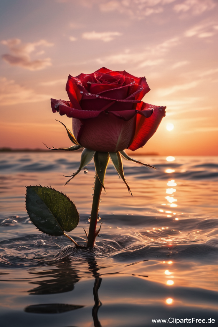 Red rose in the water with a summer sunset in the background (image)