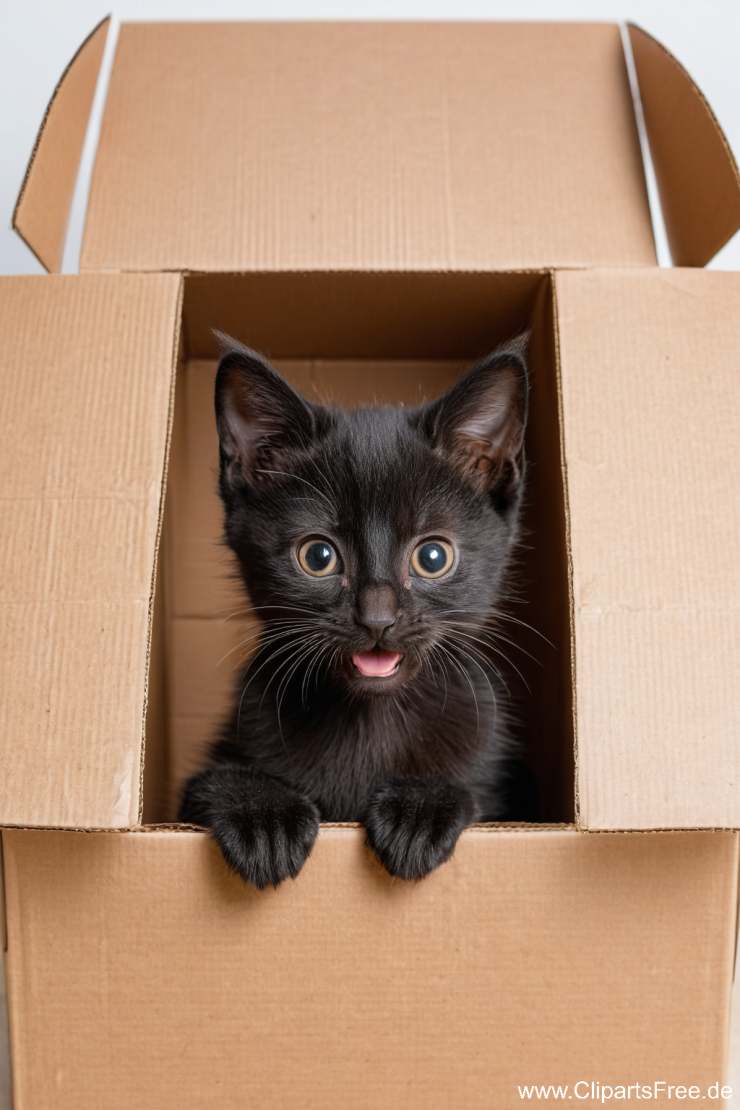 Black kitten looking out of cardboard, funny picture