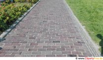 Fußweg gepflastert mit roten Ziegelsteinen Foto, Bild, Grafik