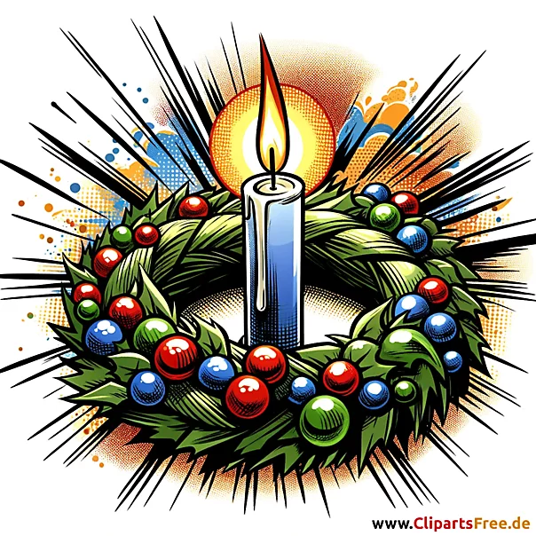Clipart mit Weihnachtskranz und einer Kerze zum 1. Advent