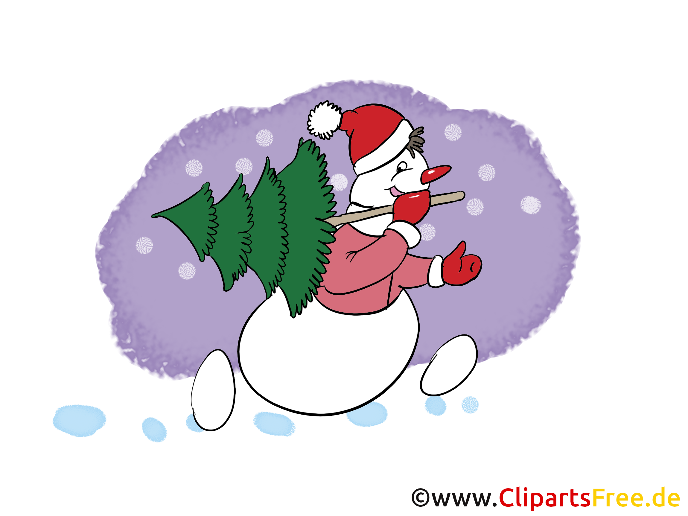 Gratis Silvester Bild, Clip Art, Cartoon mit Schneemann und Weihnachtsbaum