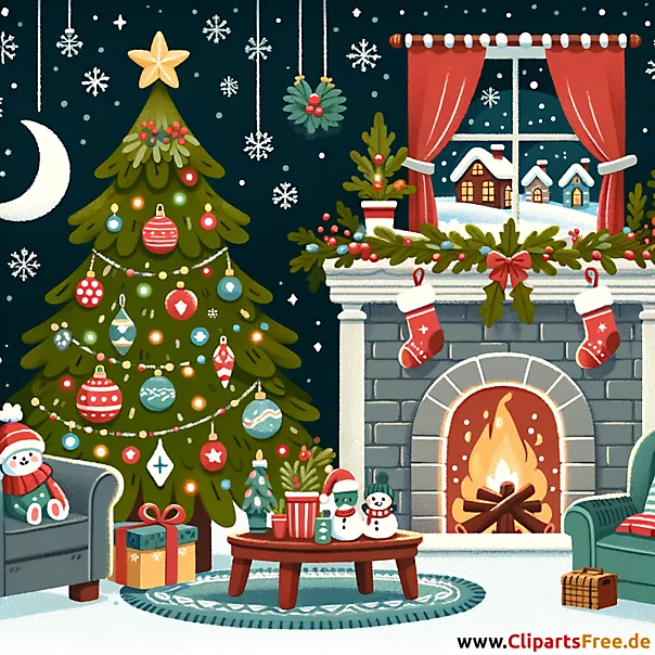 Zimmer mit Weihnachtsbaum und Kamin Clipart zum Advent