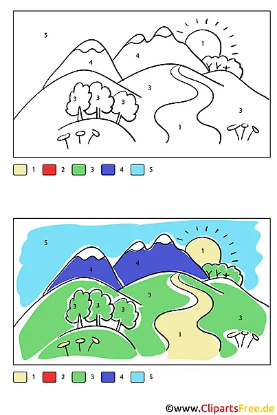 Landschaftsbild Malbild zum Ausmalen nach Zahlen gratis