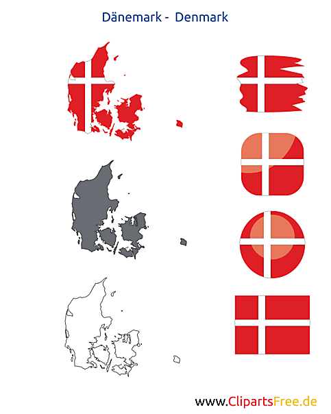 Dänemark-Karte mit Flagge, Kontur mit Fahne, Button, Druckvorlage