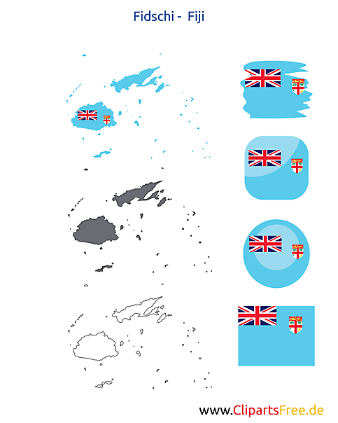 Fidschi-Karte mit Flagge, Kontur mit Fahne, Button, Icon