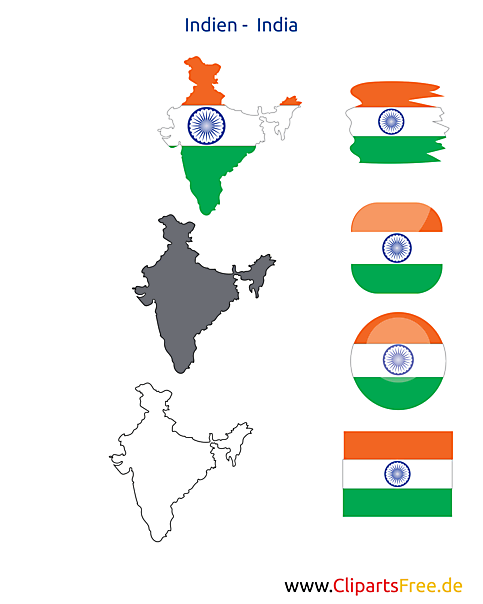 Indien-Karte mit Flagge, Kontur mit Fahne, Button, Icon, Druckvorlage