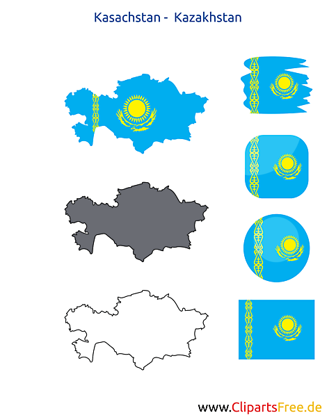 Kasachstan-Karte mit Flagge, Kontur mit Fahne, Button, Druckvorlage