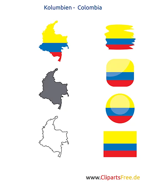 Kolumbien-Karte mit Flagge, Kontur mit Fahne, Button, Druckvorlage
