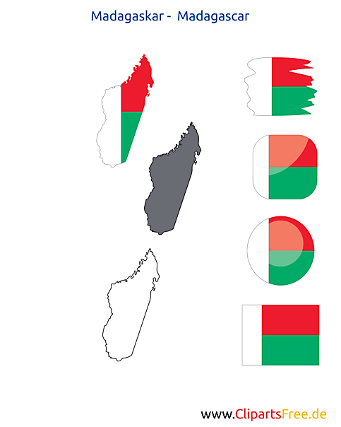 Madagaskar-Karte mit Flagge, Kontur mit Fahne, Button, Icon