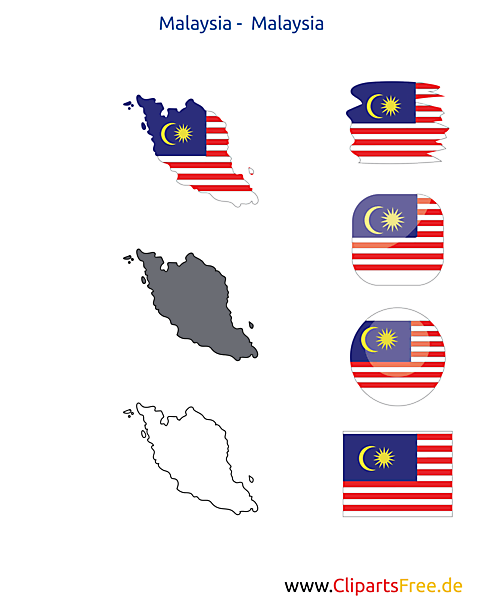Malaysia-Karte mit Flagge, Kontur mit Fahne, Button, Icon
