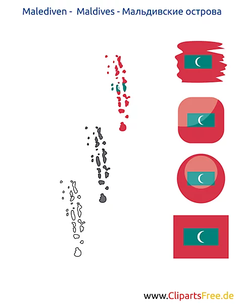 Maldiven-Karte mit Flagge, Kontur mit Fahne, Button, Icon