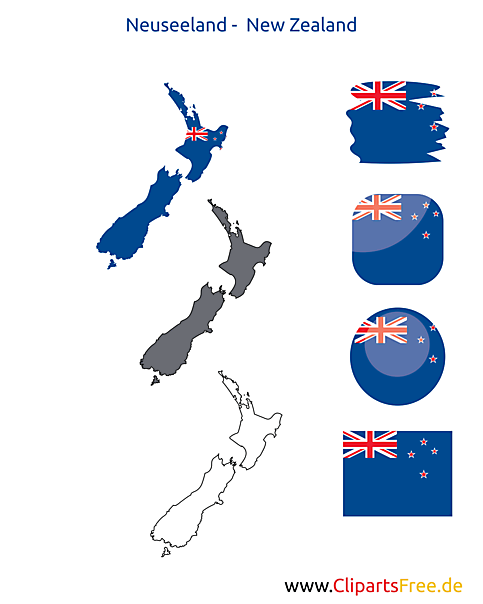 Neuseeland-Karte mit Flagge, Kontur mit Fahne, Button, Icon