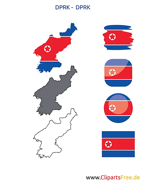 Nordkorea-Karte mit Flagge, Kontur mit Fahne, Button, Icon, Druckvorlage