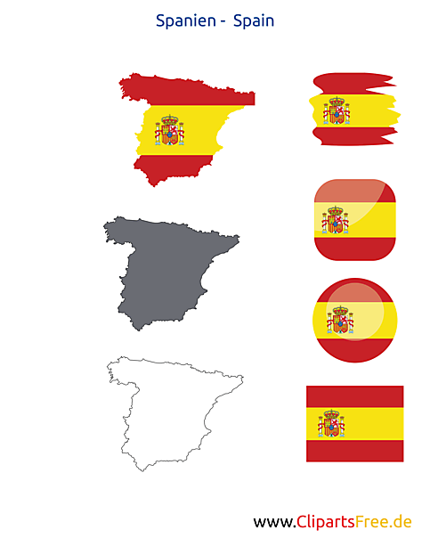 Spanien-Karte mit Flagge, Kontur mit Fahne, Button, Icon, Druckvorlage