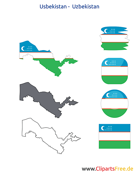 Usbekistan-Karte mit Flagge, Kontur mit Fahne, Button, Icon