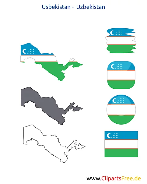 Usbekistan-Karte mit Flagge, Kontur mit Fahne, Button, Icon