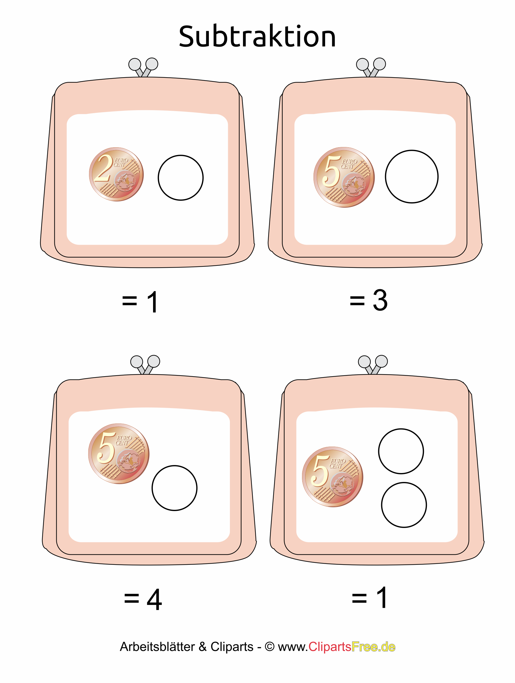 Euro und Cent schriftlich subtrahieren Vorlage zum Drucken