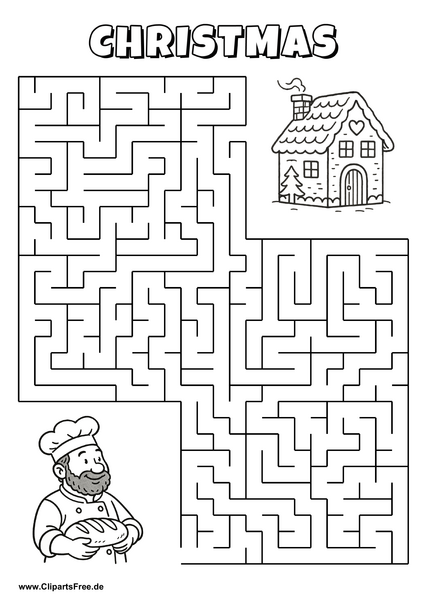 Hilf dem Bäcker, den Weg zum Zuckerhaus zu finden - Irrgarten, Rätsel zum Drucken