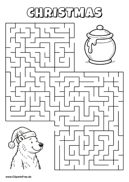 Hilf dem Bär, den Weg zum Topf mit Honig zu finden - Irrgarten, Rätsel zum Drucken