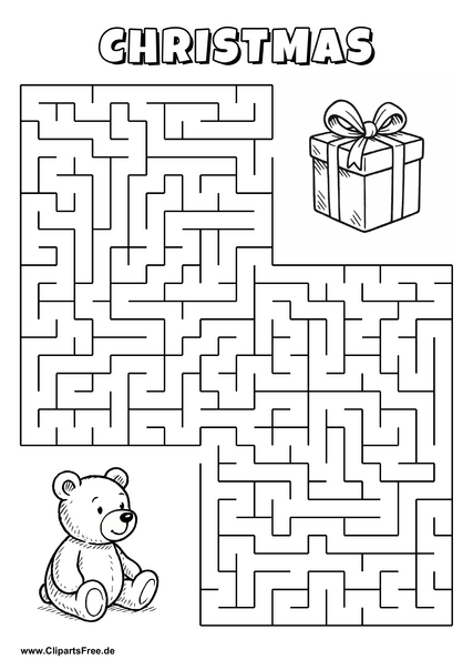 Hilf dem Bär, den Weg zum Weihnachtsgeschenk zu finden - Irrgarten, Rätsel zum Drucken
