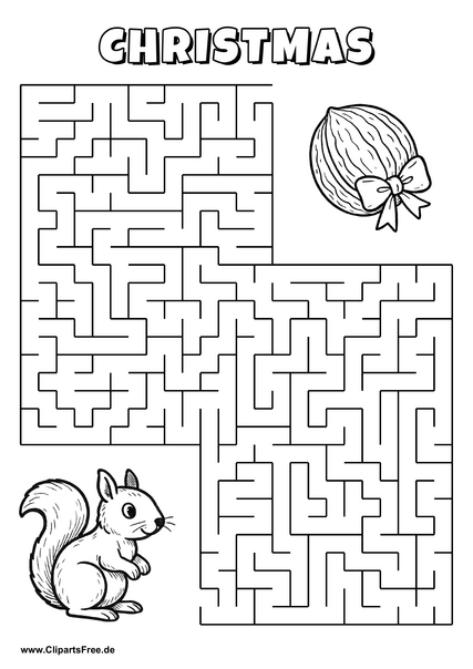 Hilf dem Eichhörnchen, den Weg zur Walnuss zu finden - Irrgarten, Rätsel zum Drucken
