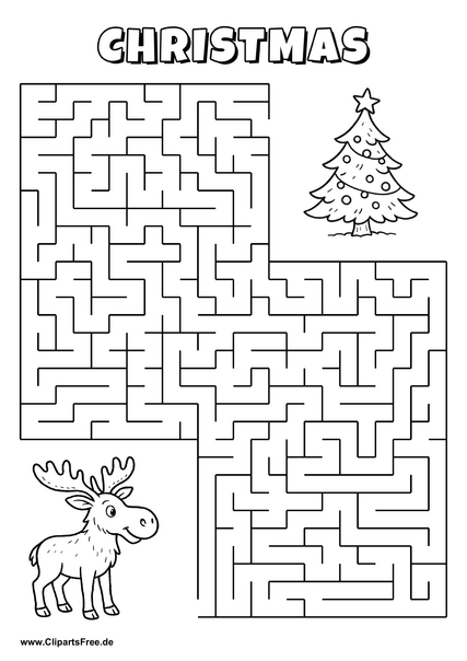 Hilf dem Elch, den Weg zum Weihnachtsbaum zu finden - Irrgarten, Rätsel zum Drucken