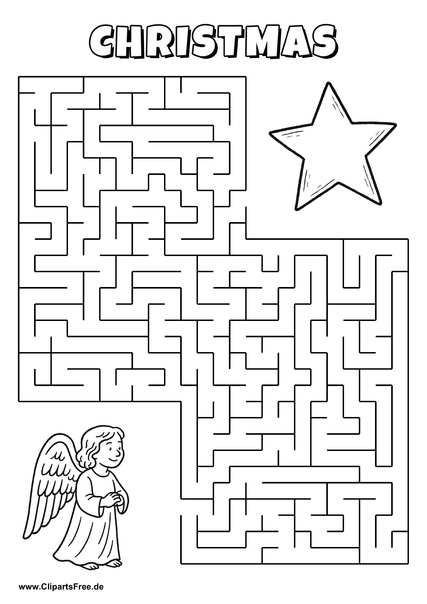 Hilf dem Engel, den Weg zum Stern zu finden - Irrgarten, Rätsel zum Drucken