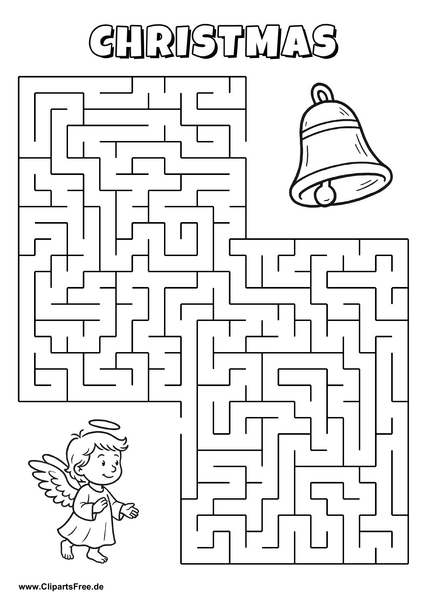 Hilf dem Engel, den Weg zur Weihnachtsglocke zu finden - Irrgarten, Rätsel zum Drucken