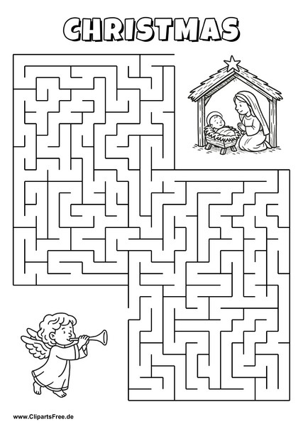 Hilf dem Engel, den Weg zur Weihnachtskrippe zu finden - Irrgarten, Rätsel zum Drucken