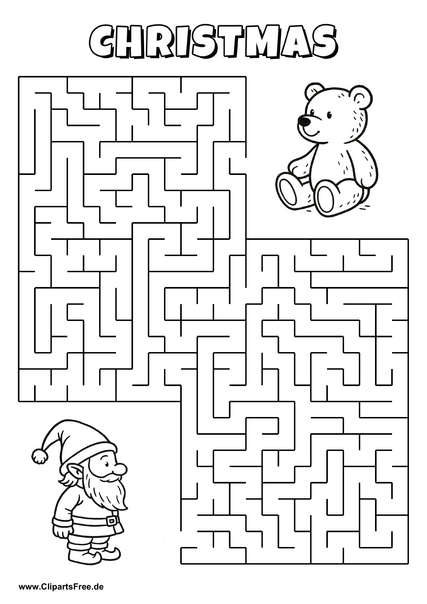 Hilf dem Gnom, den Weg zum Teddybär zu finden - Irrgarten, Rätsel zum Drucken