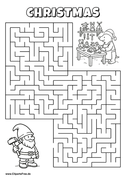 Hilf dem Gnom, den Weg zur Geschenkewerkstatt zu finden - Irrgarten, Rätsel zum Drucken