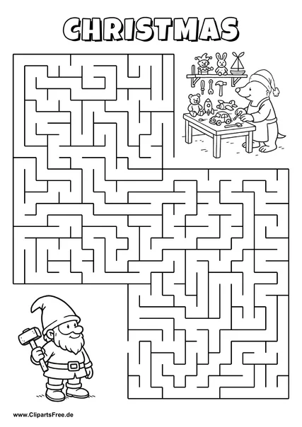 Hilf dem Gnom, den Weg zur Geschenkewerkstatt zu finden - Irrgarten, Rätsel zum Drucken