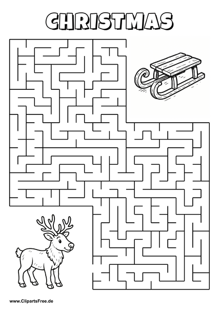 Hilf dem Hirsch, den Weg zu Schlitten zu finden - Irrgarten, Rätsel zum Drucken