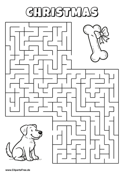 Hilf dem Hund, den Weg zum leckeren Knochen zu finden - Irrgarten, Rätsel zum Drucken