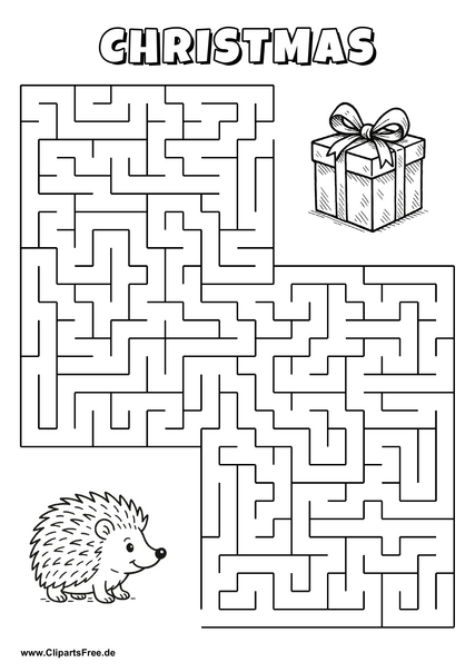 Hilf dem Igel, den Weg zum Geschenk zu finden - Irrgarten, Rätsel zum Drucken