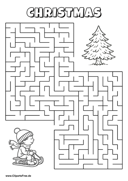 Hilf dem Jungen auf Schlitten, den Weg zum Tannenbaum zu finden - Irrgarten, Rätsel zum Drucken