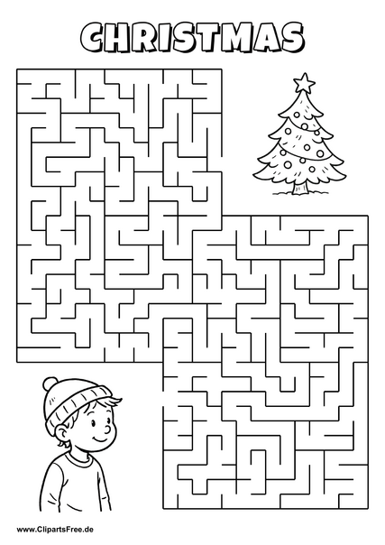 Hilf dem Jungen, den Weg zum Weihnachtsbaum zu finden - Irrgarten, Rätsel zum Drucken
