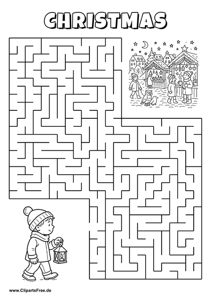 Hilf dem Jungen, den Weg zum Weihnachtsmarkt zu finden - Irrgarten, Rätsel zum Drucken