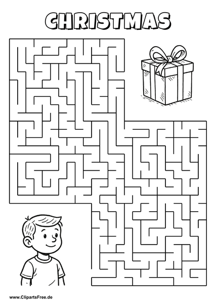 Hilf dem Kind, den Weg zum Geschenk zu Weihnachten zu finden - Irrgarten, Rätsel zum Drucken