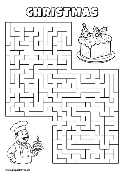 Hilf dem Koch, den Weg zum Kuchen zu finden - Irrgarten, Rätsel zum Drucken