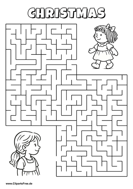 Hilf dem Mädchen, den Weg zur Puppe zu finden - Irrgarten, Rätsel zum Drucken