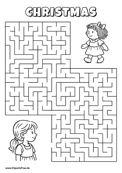 Hilf dem Mädchen, den Weg zur Puppe zu finden - Irrgarten, Rätsel zum Drucken