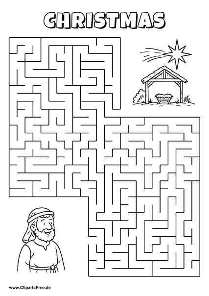 Hilf dem Mann, den Weg zur Weihnachtskrippe zu finden - Irrgarten, Rätsel zum Drucken