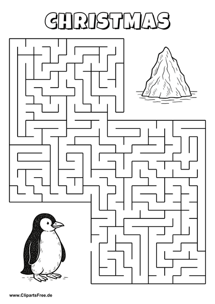 Hilf dem Pinguin, den Weg zum Eisberg zu finden - Irrgarten, Rätsel zum Drucken