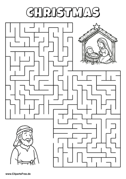 Hilf dem Prophet, den Weg zur Weihnachtskrippe zu finden - Irrgarten, Rätsel zum Drucken
