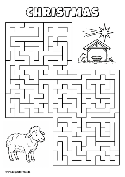 Hilf dem Schaf, den Weg zur Weihnachtskrippe zu finden - Irrgarten, Rätsel zum Drucken