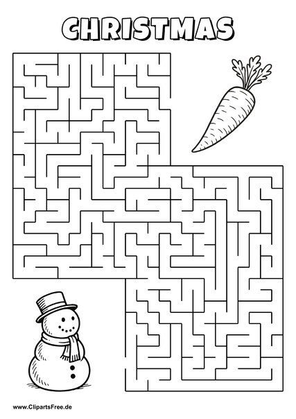 Hilf dem Schneemann, den Weg zur Möhre zu finden - Irrgarten, Rätsel zum Drucken